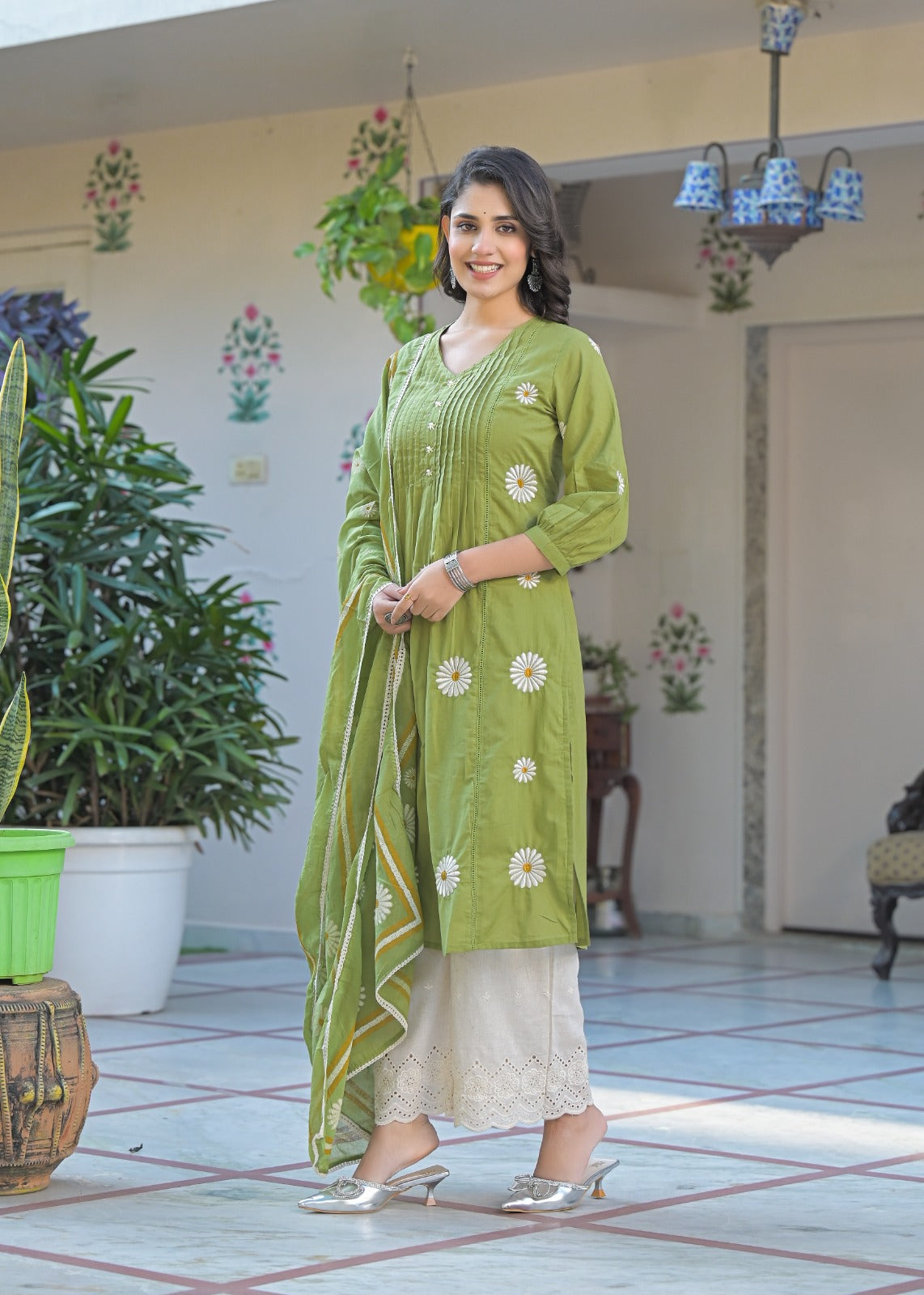Wow cotton embroidered full suit set with designer pant