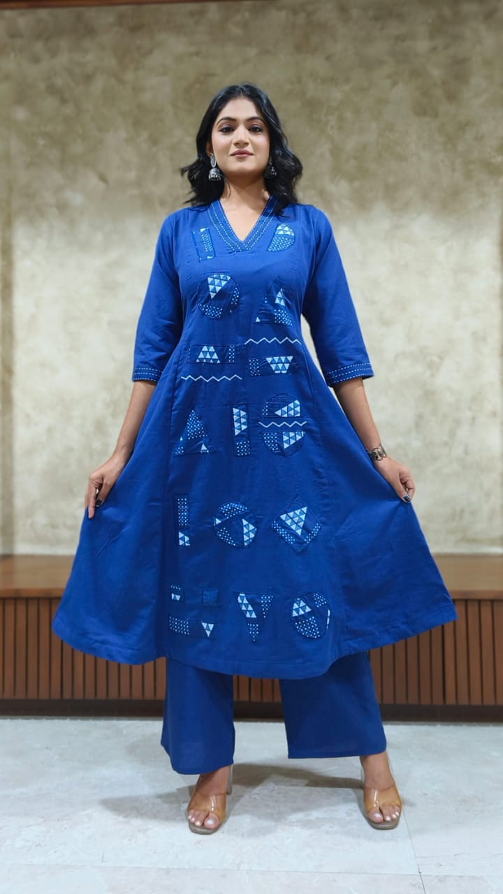 Pure cotton applique work Co ord in blue