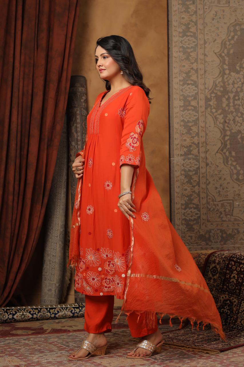 Pure Mul chanderi katha stitch suit set