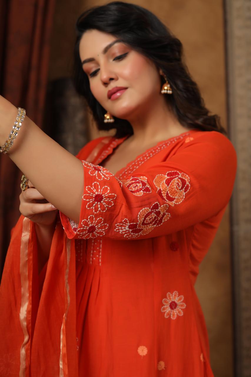 Pure Mul chanderi katha stitch suit set