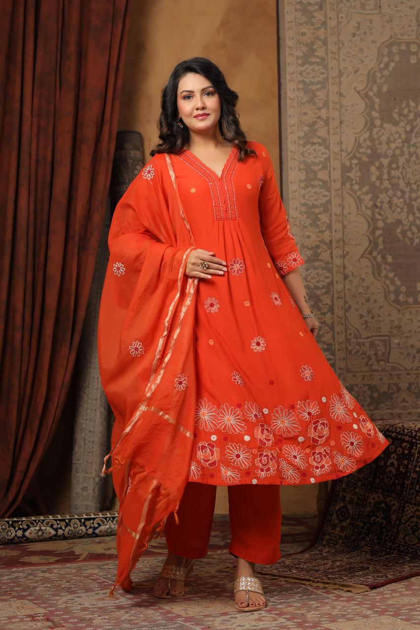 Pure Mul chanderi katha stitch suit set