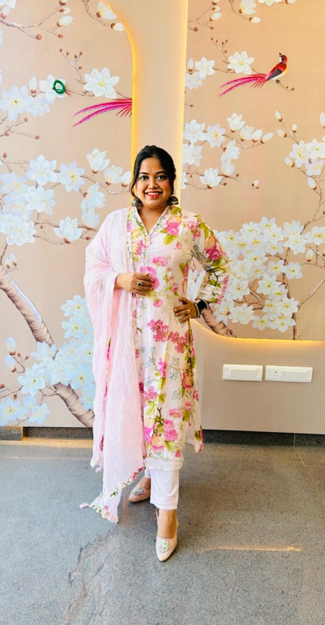 V neck cotton floral kurta set