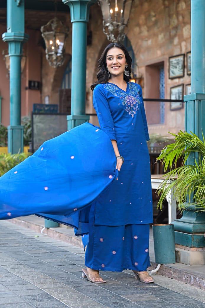 V neck embroidered designer full suit set