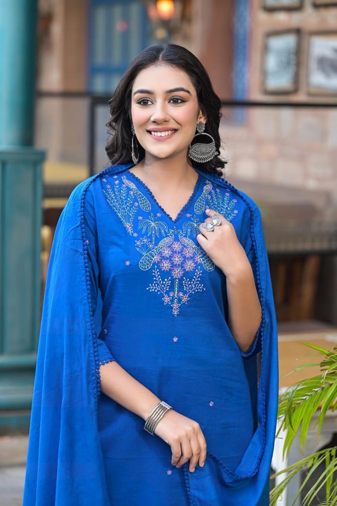 V neck embroidered designer full suit set