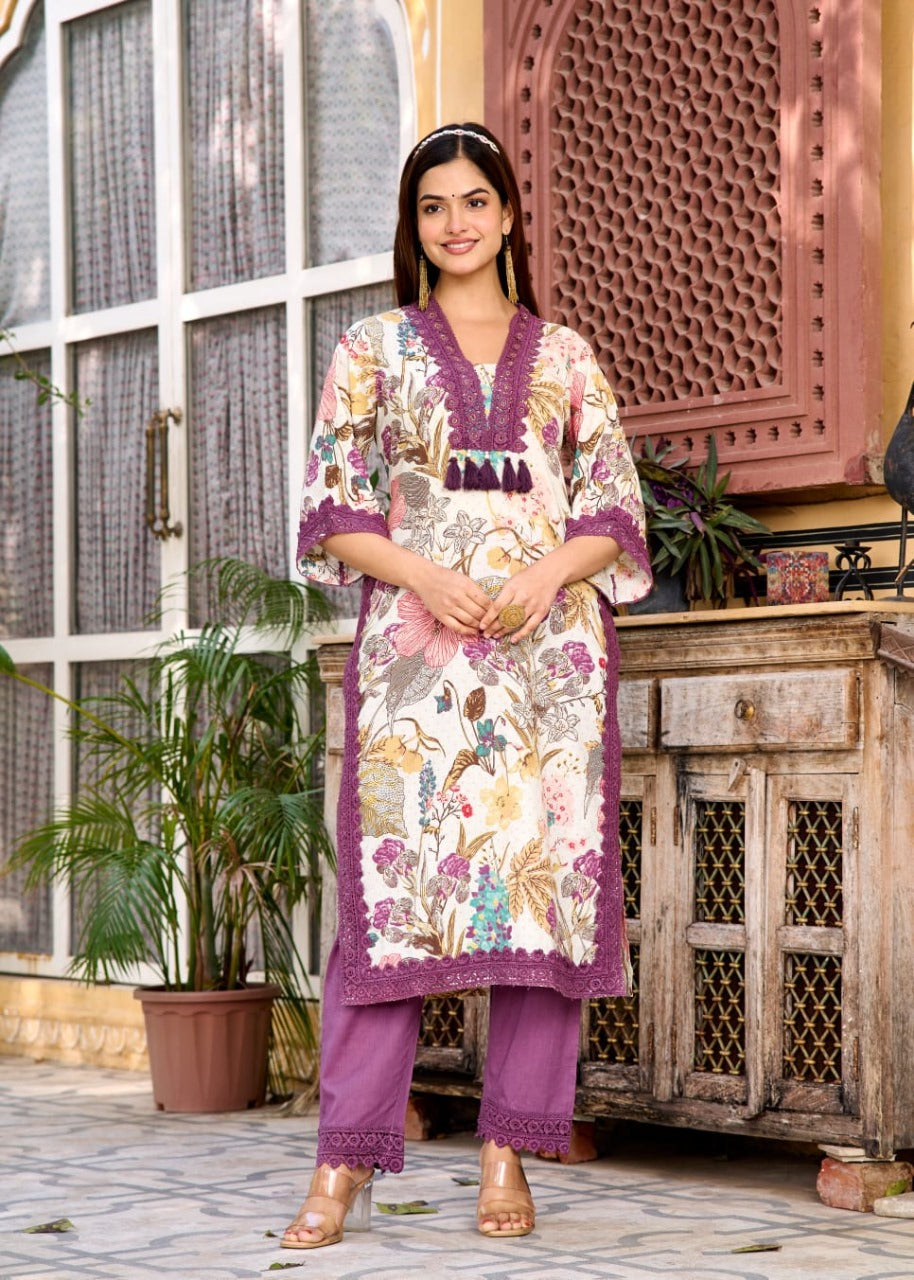 V neck cotton with lace detailing full set in purple