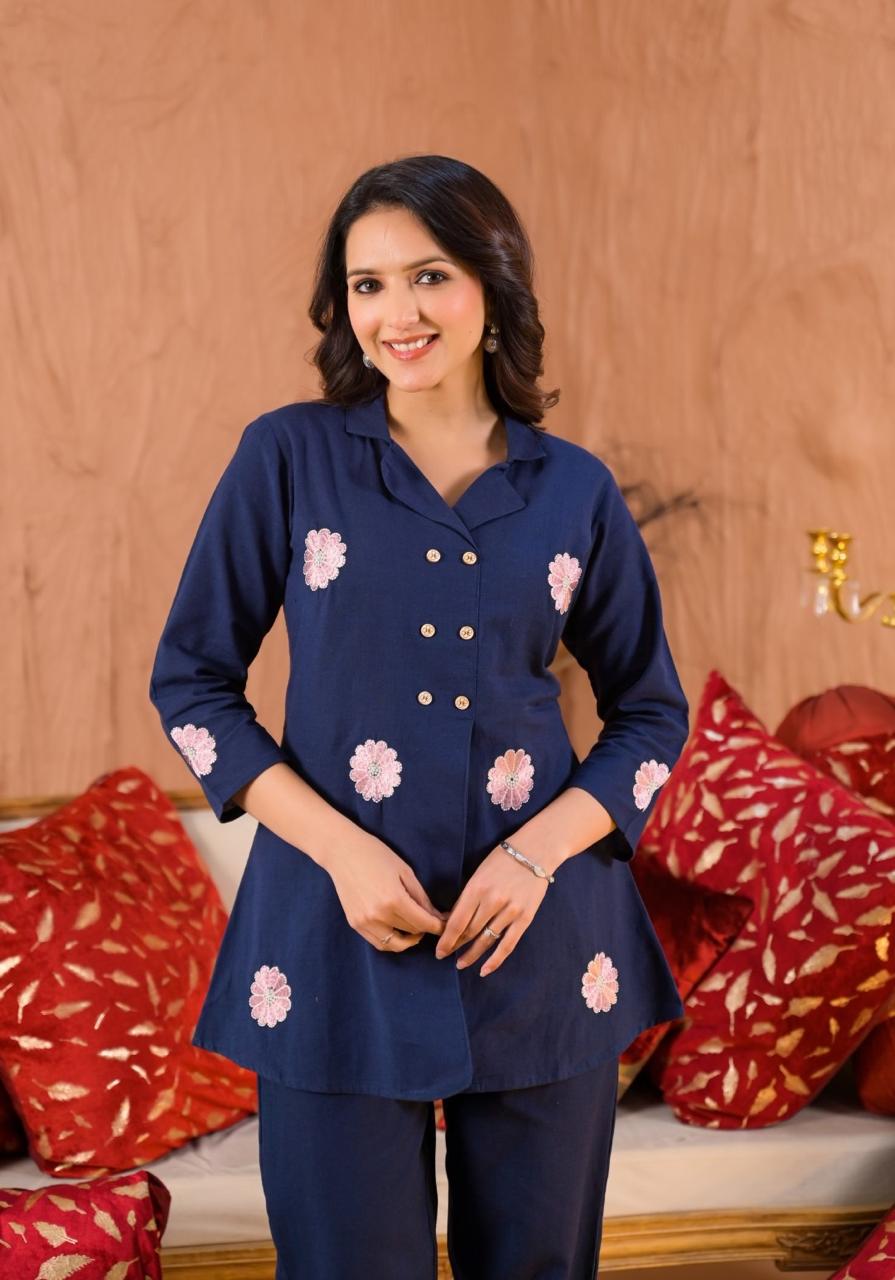 Heavy cotton embroidery Coord set in blue