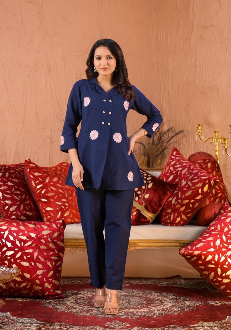 Heavy cotton embroidery Coord set in blue