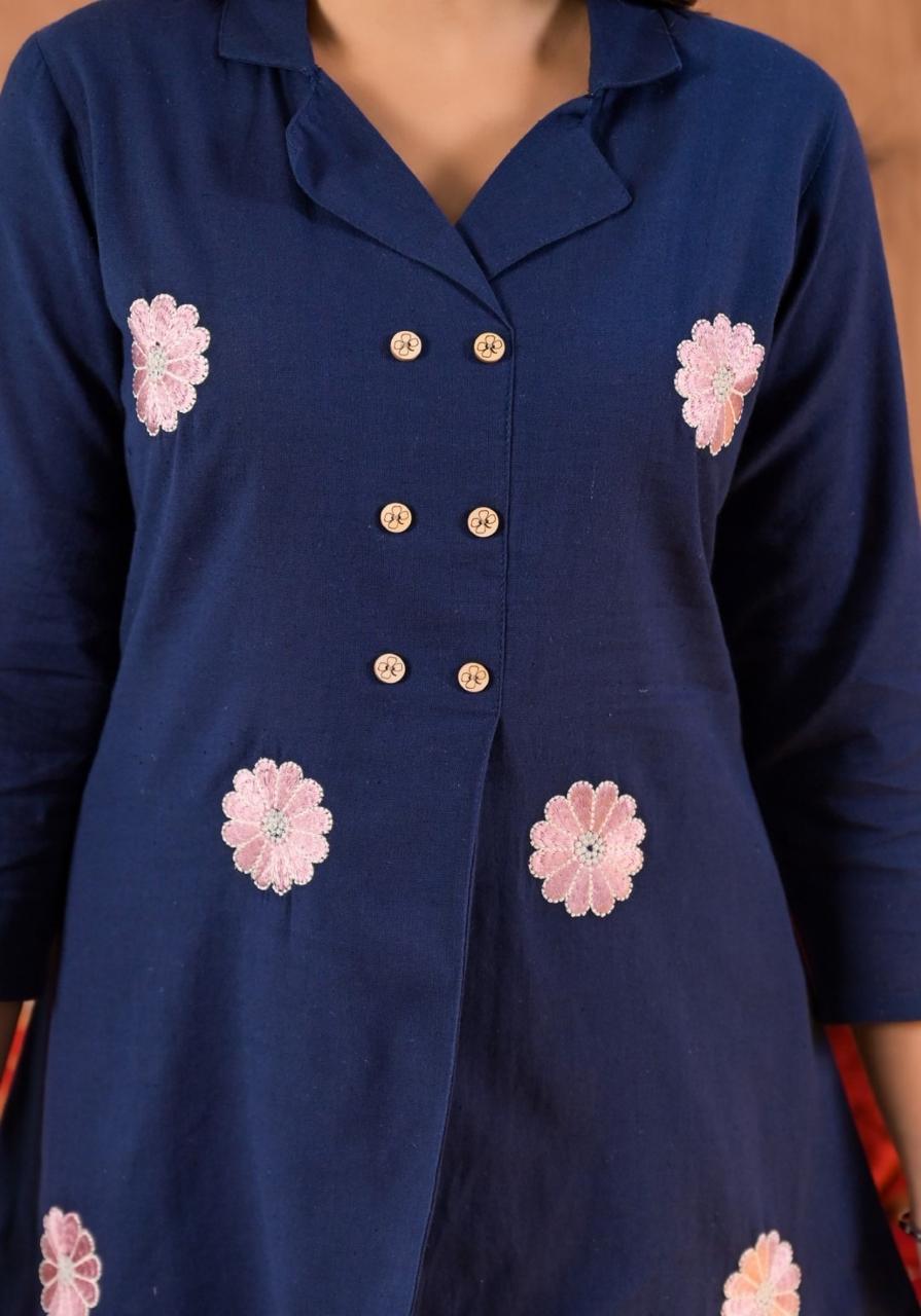 Heavy cotton embroidery Coord set in blue