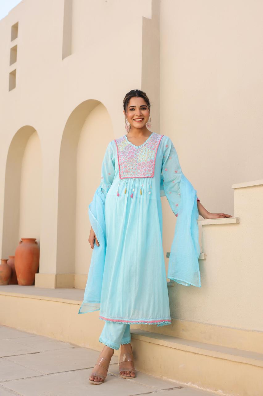 Restocked !! Pure Mul cotton half lining suit set paired with Kota Doria dupatta in blue !!