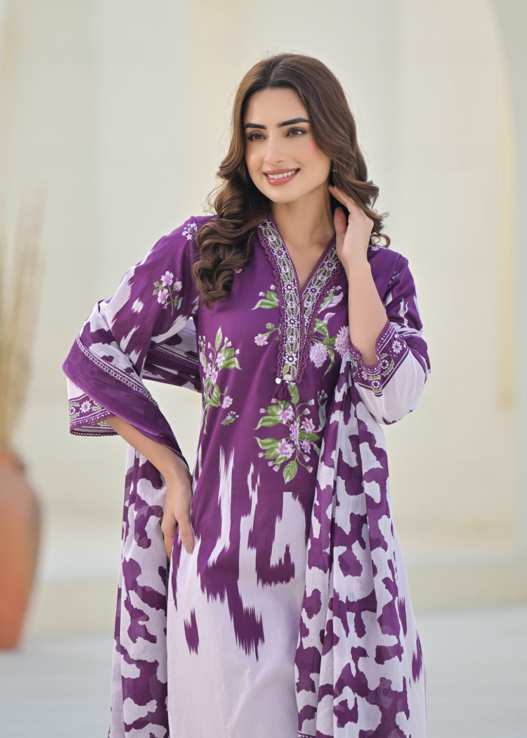 Pure cotton full suit set in purple