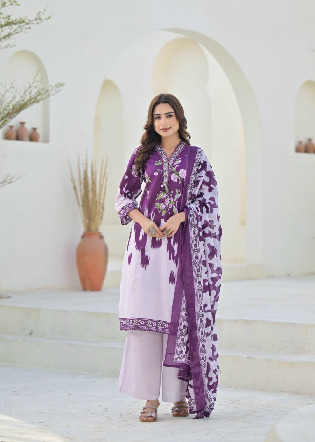 Pure cotton full suit set in purple