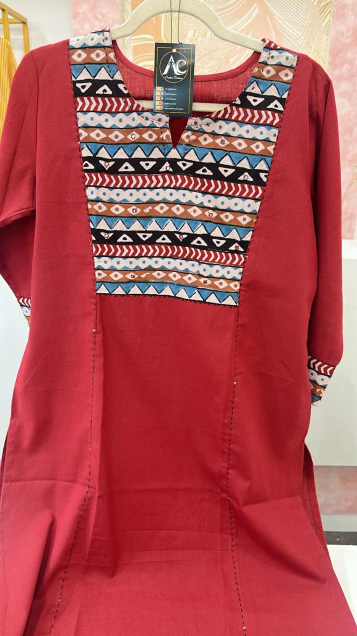 Red appliqué cotton kurta