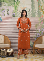 Restocked! Pure cotton embroidered kurta pant in rust ! Dispatch in next 10 days!