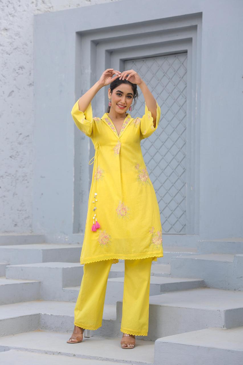 Beautiful Mul cotton embroidery co ord in yellow
