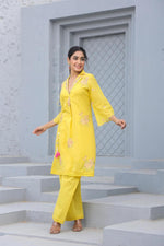 Beautiful Mul cotton embroidery co ord in yellow