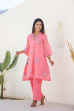 Beautiful Mul cotton embroidery co ord in pink
