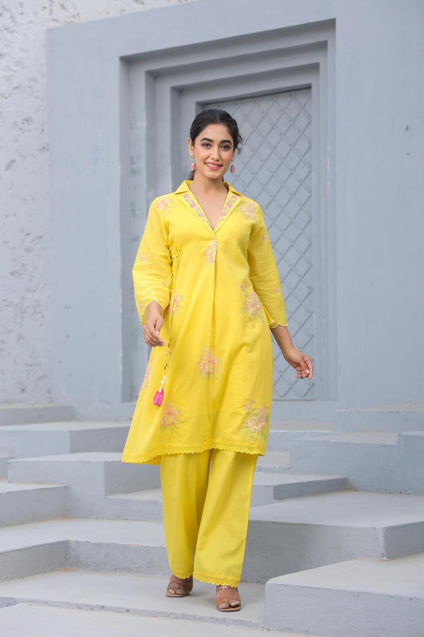 Beautiful Mul cotton embroidery co ord in yellow