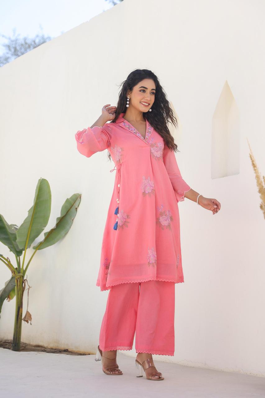 Beautiful Mul cotton embroidery co ord in pink