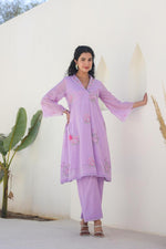 Beautiful Mul cotton embroidery co ord in purple