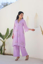 Beautiful Mul cotton embroidery co ord in purple