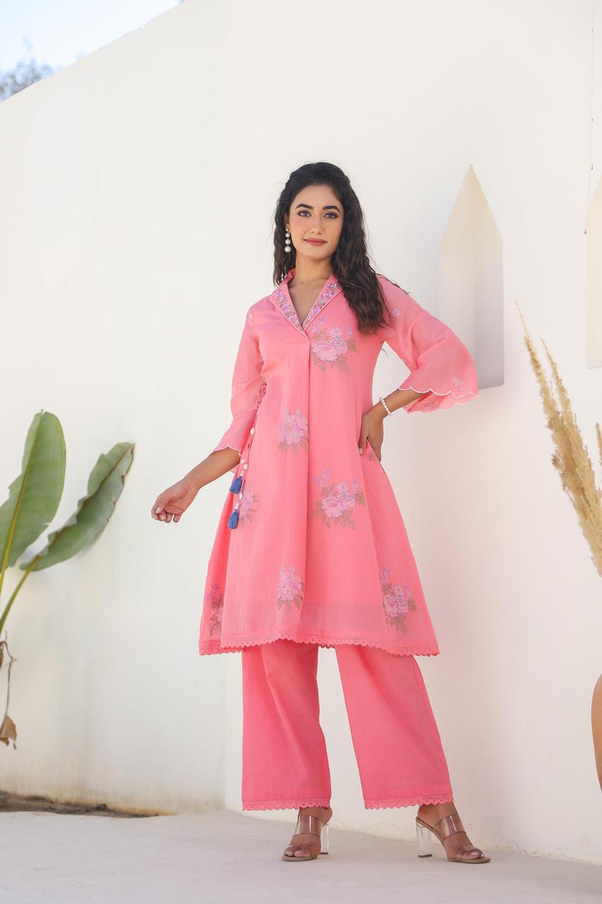 Beautiful Mul cotton embroidery co ord in pink