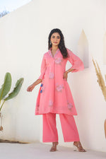 Beautiful Mul cotton embroidery co ord in pink