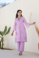 Beautiful Mul cotton embroidery co ord in purple
