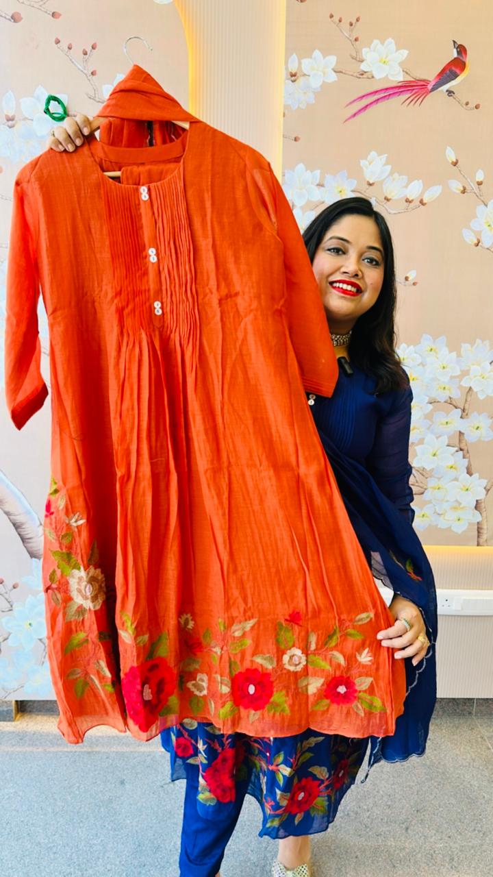 Pure Mul Chanderi embroidered suit in rust
