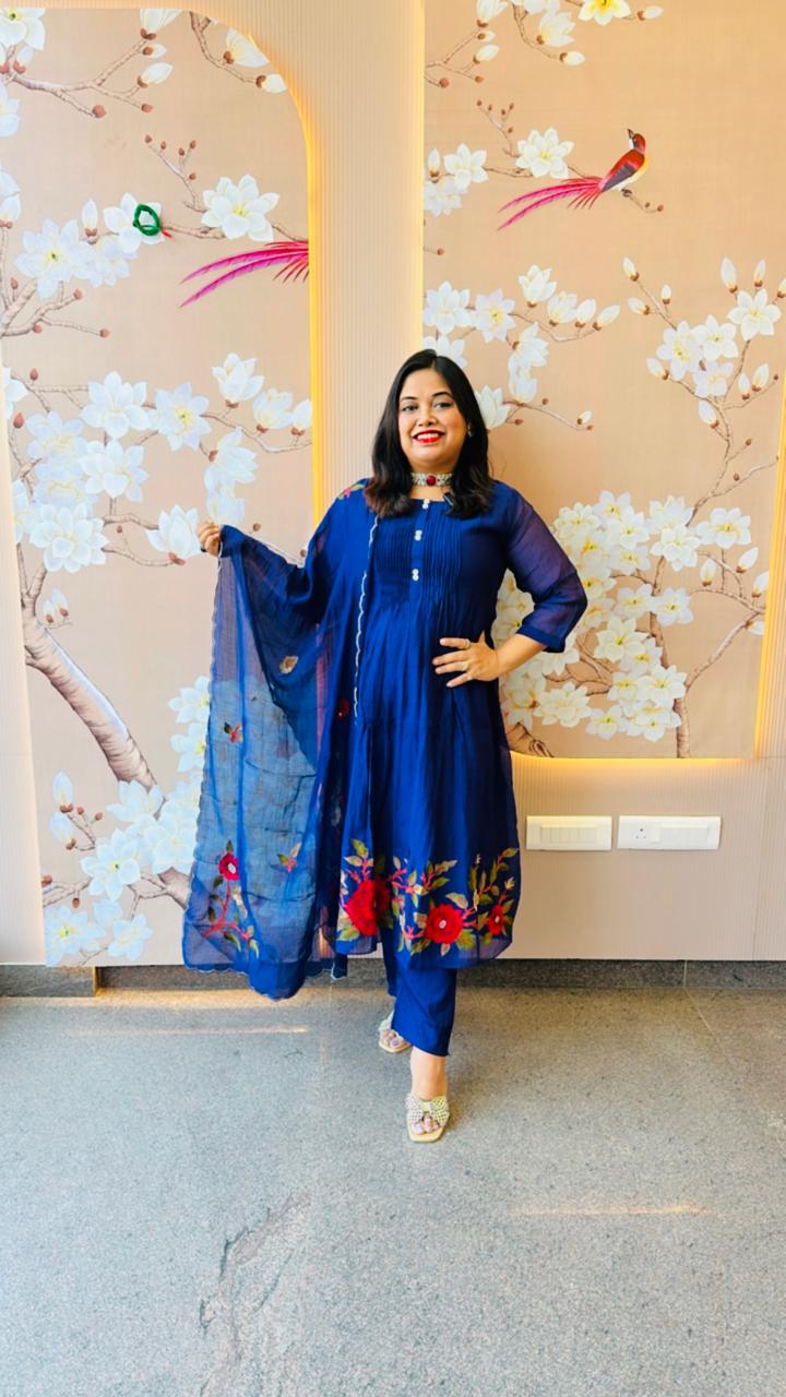 Restocked !! Pure Mul Chanderi embroidered suit in blue !!