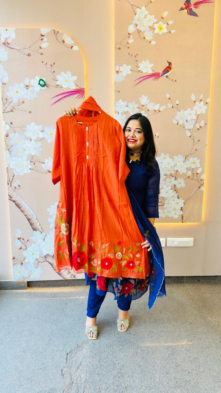 Pure Mul Chanderi embroidered suit in rust