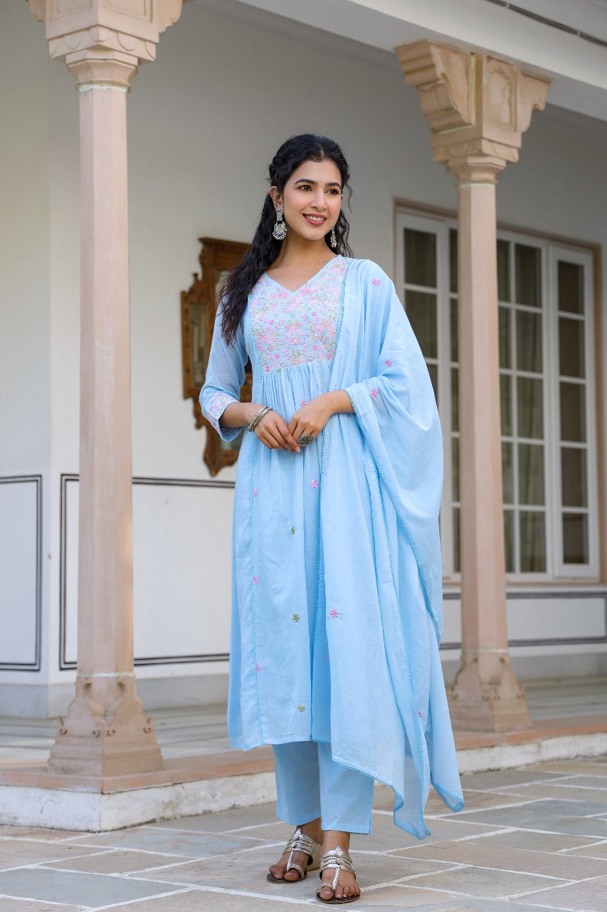 Mul cotton embroidered lining full suit