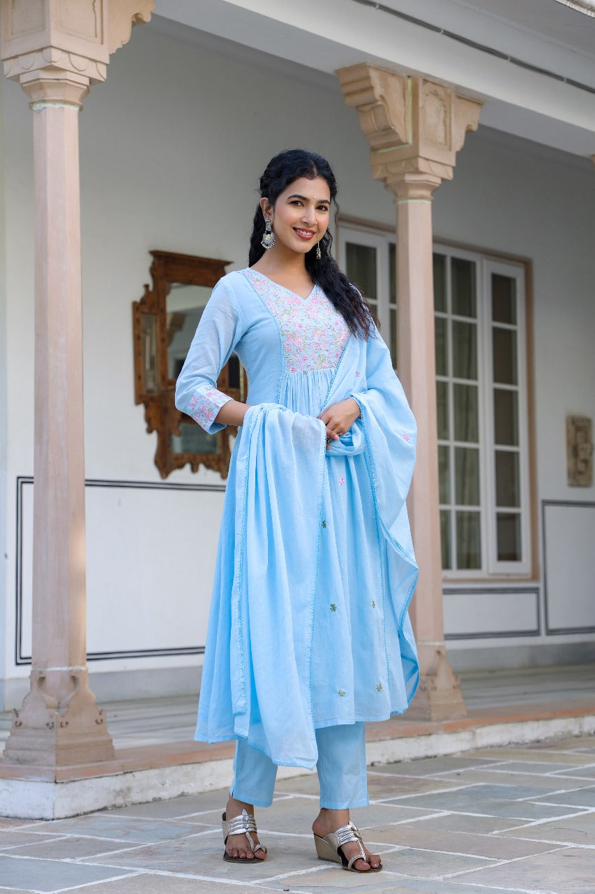 Mul cotton embroidered lining full suit