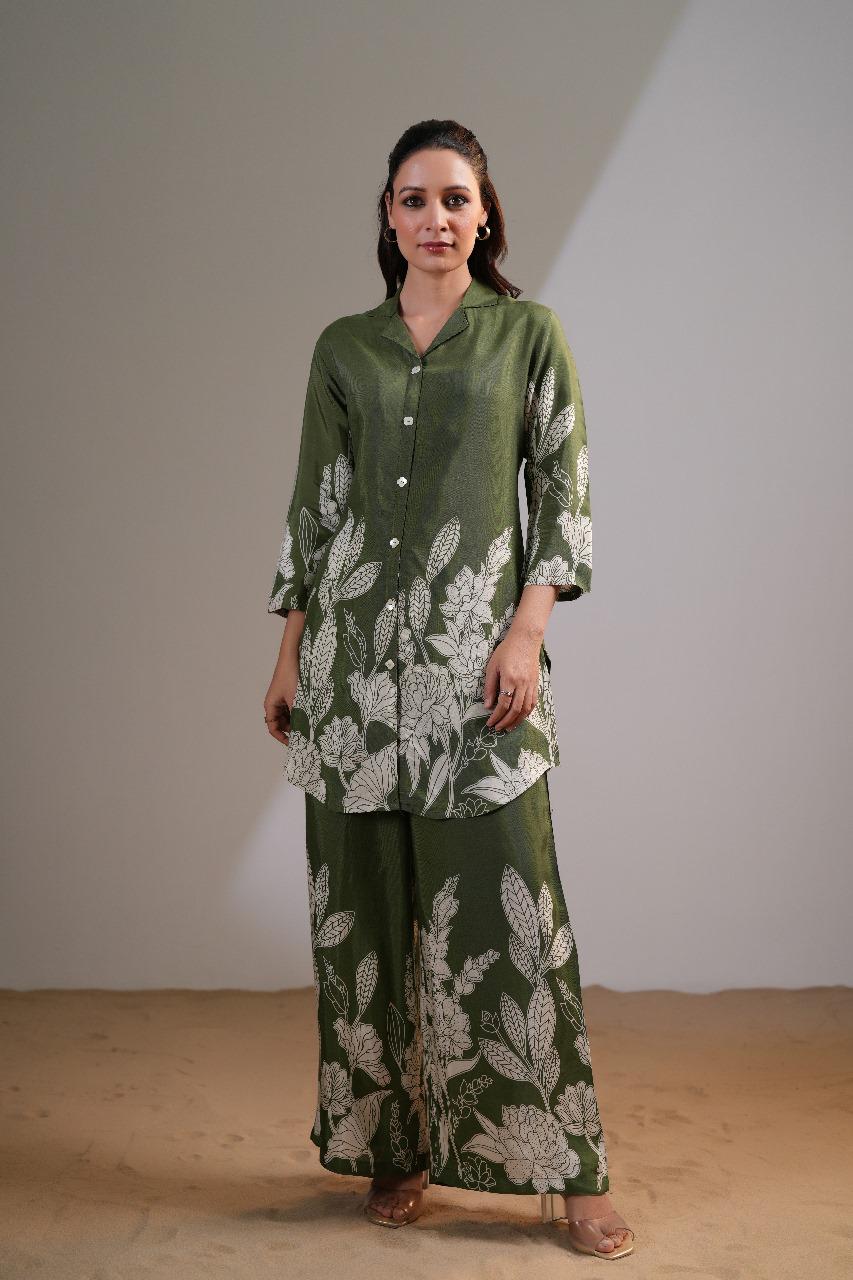 Pure crepe stylish Co ord setin olive green