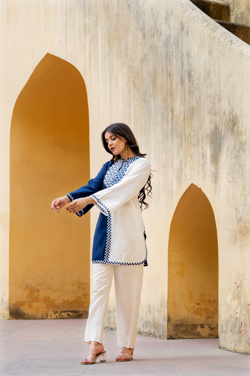 Designer pure muslin embroidered kurta paired with cotton pants in blue