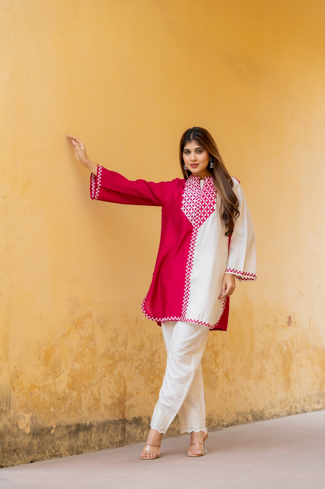 Designer pure muslin embroidered kurta paired with cotton pants in pink