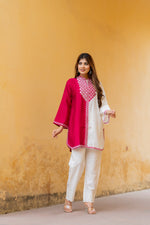 Designer pure muslin embroidered kurta paired with cotton pants in pink
