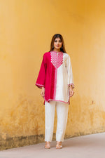 Designer pure muslin embroidered kurta paired with cotton pants in pink