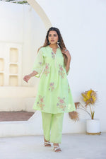 Mul cotton embroidery lining Co ord in green