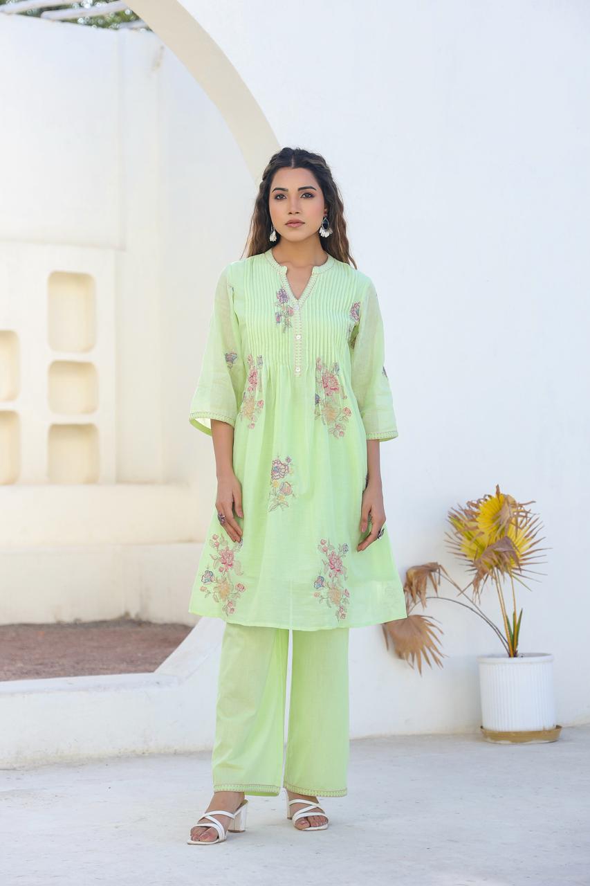 Mul cotton embroidery lining Co ord in green