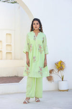 Mul cotton embroidery lining Co ord in green