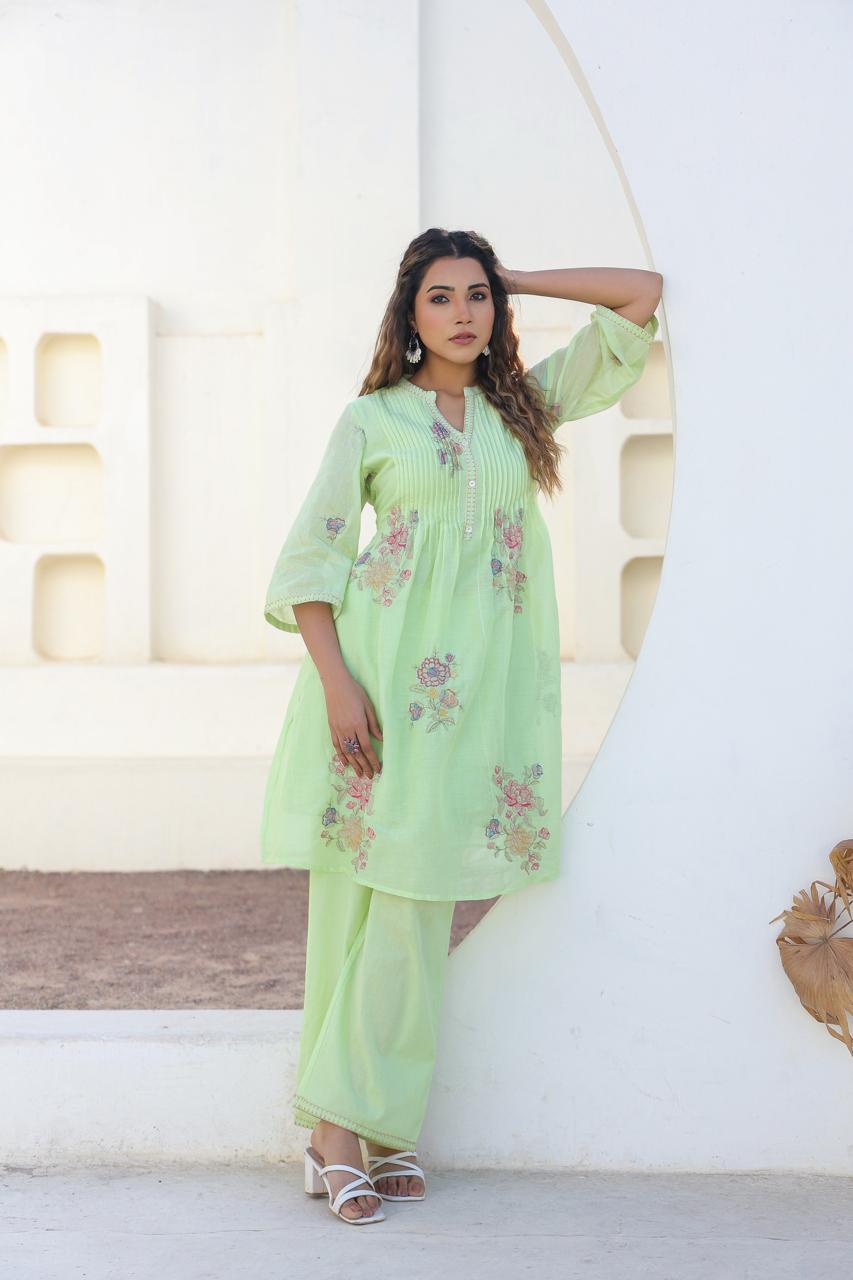 Mul cotton embroidery lining Co ord in green