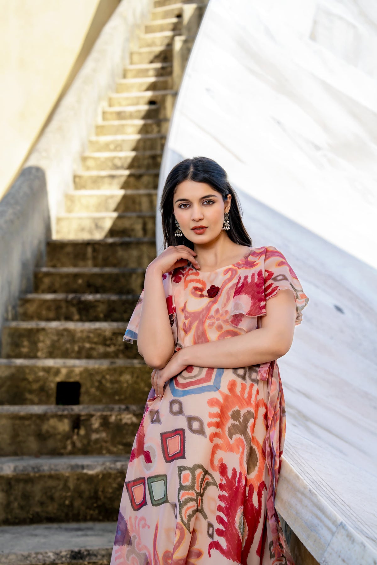 Premium shiffon lining one piece dress with red flower