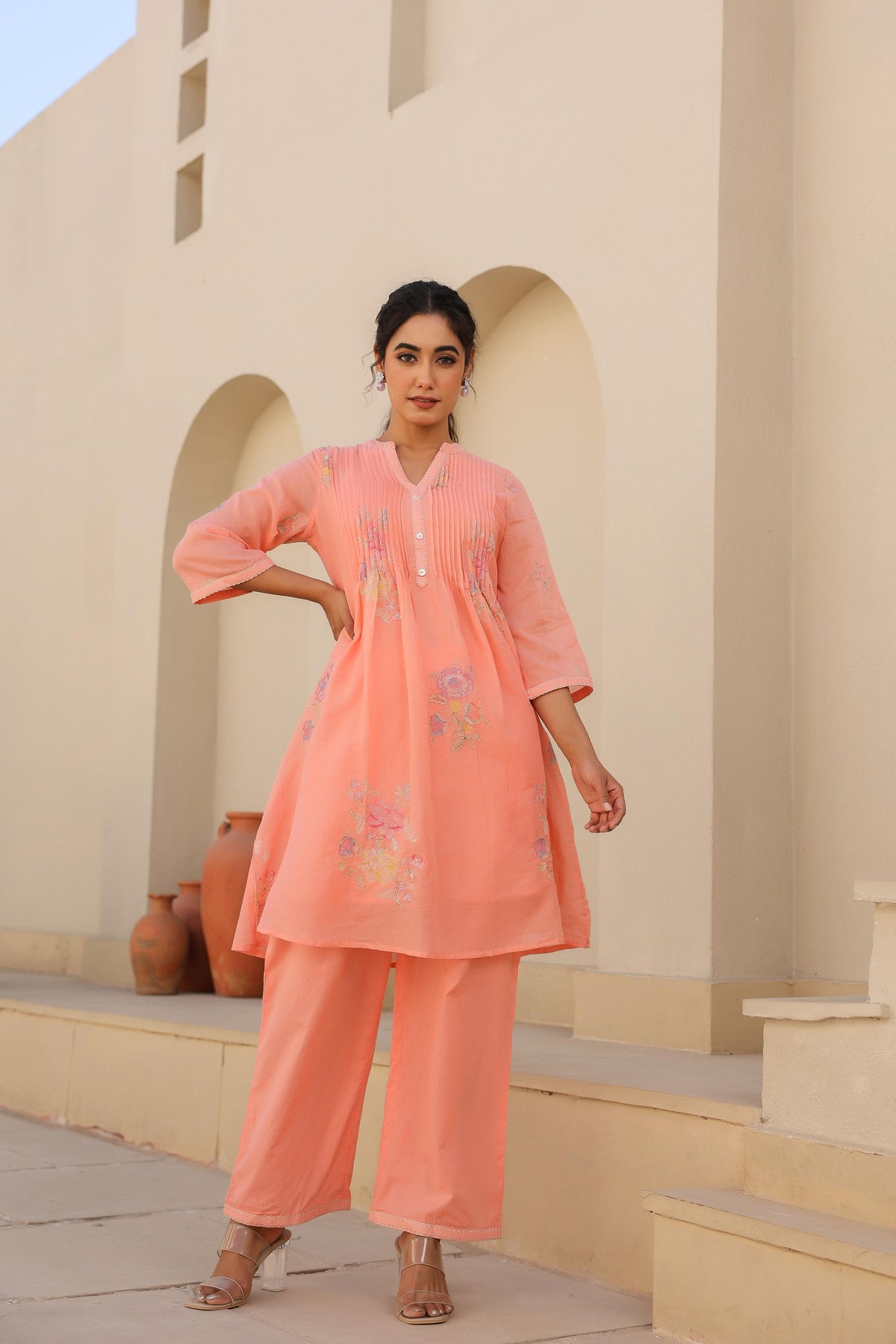 Mul cotton embroidery lining Co ord