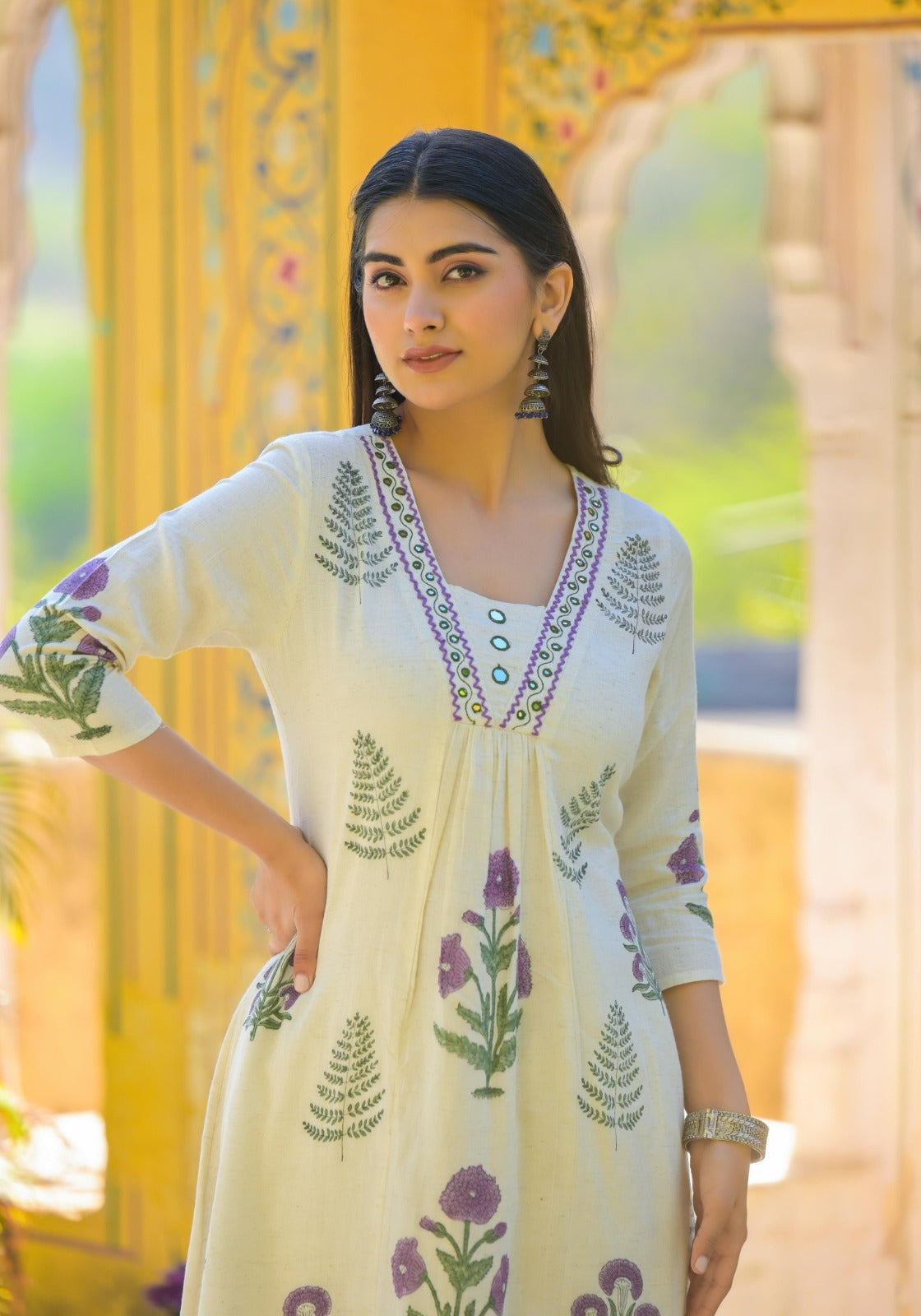 Cotton block printed ivory shade kurta pant