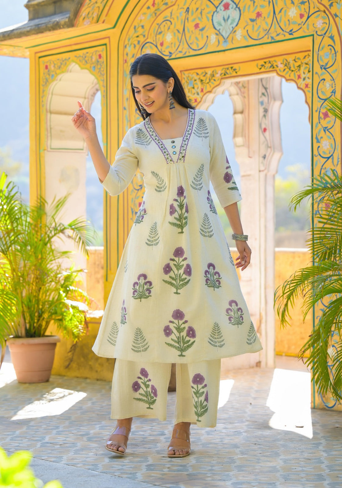 Cotton block printed ivory shade kurta pant