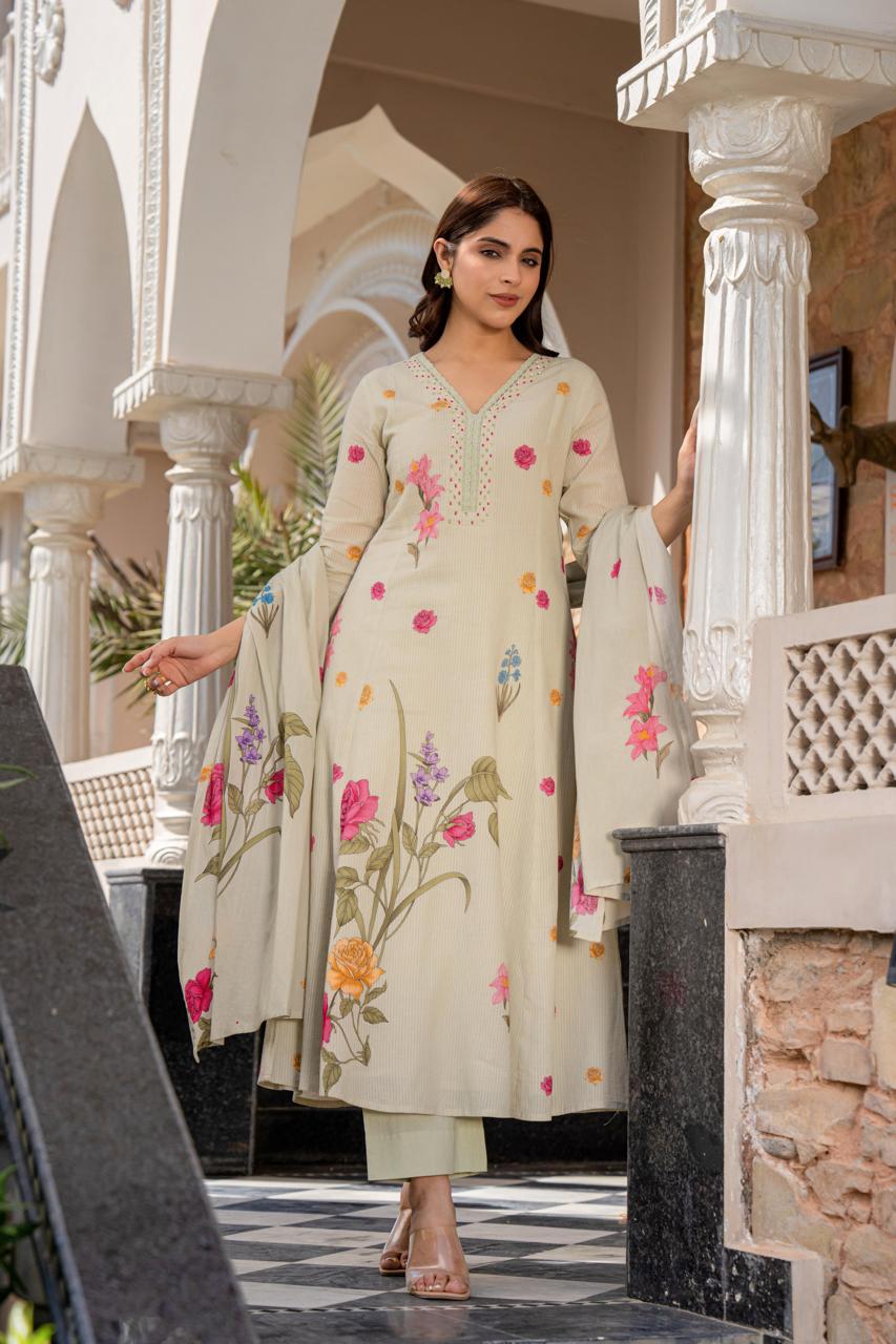 Pure cotton digital printed suit set in green