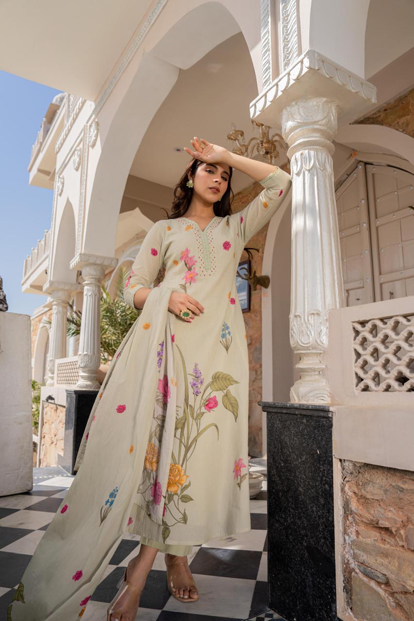 Pure cotton digital printed suit set in green