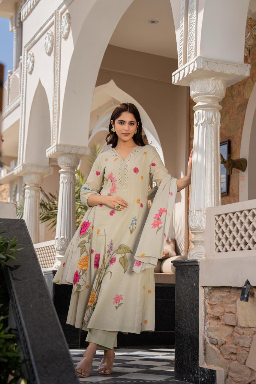 Pure cotton digital printed suit set in green