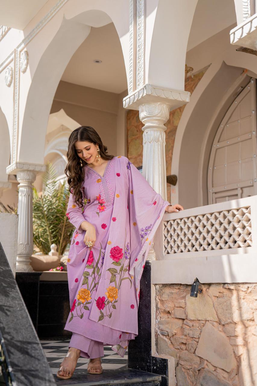 Pure cotton digital printed suit set in lilac