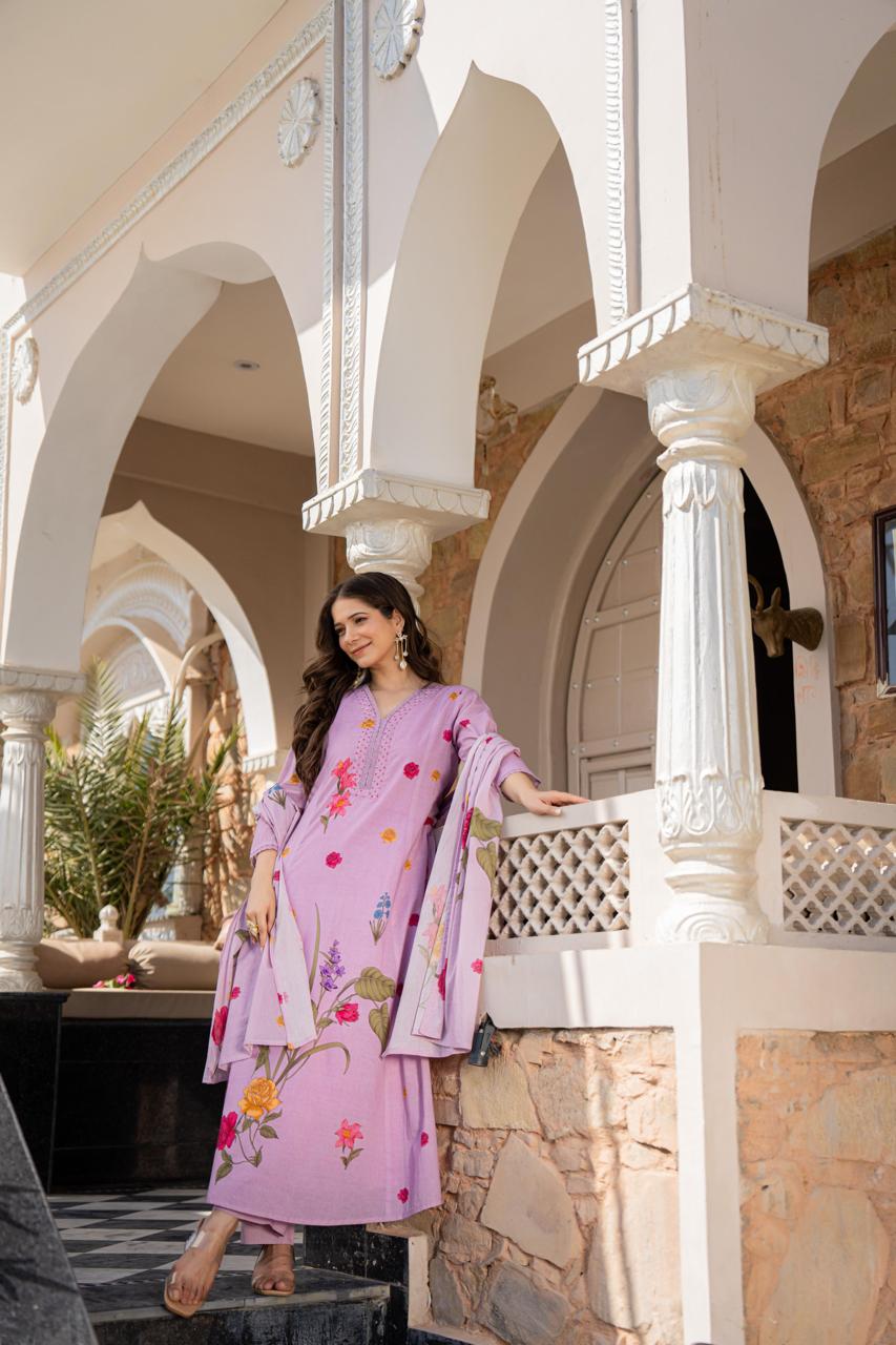 Pure cotton digital printed suit set in lilac